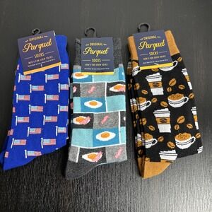 Original Parquet Socks Fun Crew Socks 10-13 New Three Pairs Coffee Flag Eggs